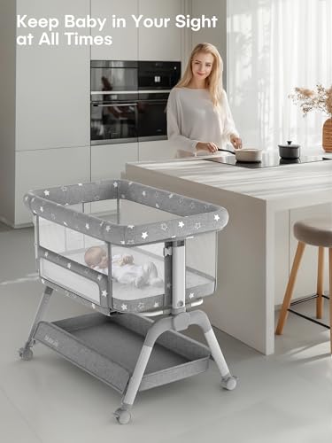 BIUSIKAN Bassinet Bedside Sleeper, Baby Crib with Mattress and Adjustable Height & Upgraded Wheels, All Mesh Portable Bassinet for Co-Sleeping, Baby Bed for Newborn - Image 8