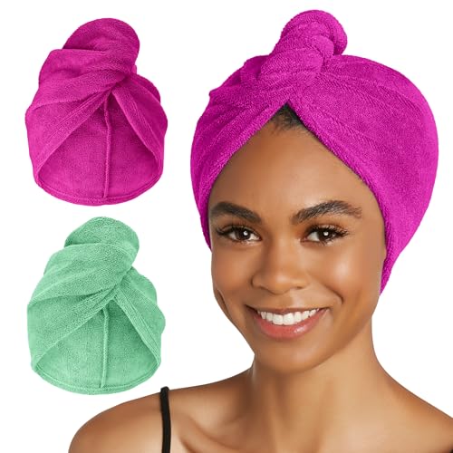 Image of Turbie Twist 2-Pack Microfiber Hair Towel for Beauty, Travel, Gifting - Wrap Turban for Straight, Wavy & Curly Hair - Premium Personal Care - Kelly Green & Wild Aster