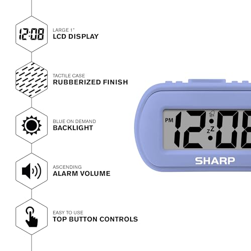 Image of Sharp Digital Alarm Clock - Tactile Case with Soft Rubberized Finish - Battery Operated - Blue Backlight on Demand - Ascending Alarm - Easy to Use - Lavender