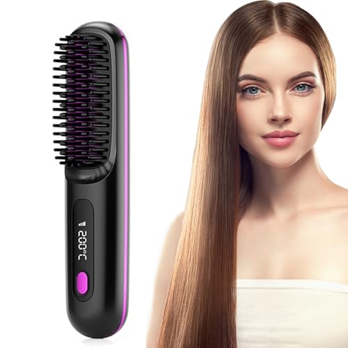 Xumann Cordless Hair Styler Straightener Brush, Portable 3 Temperature Adjustable 2 in 1 Hot Comb Brush for Women