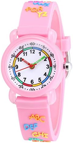 Jewtme Cute Toddler Children Kids Watches Ages 3-8 Analog Time Teacher 3D Silicone Band Cartoon Watch for Little Girls Boys (Letters-Pink)