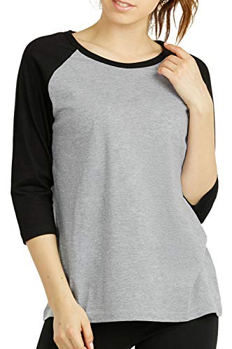 Cottonbell Women's Baseball Quarter Sleeve Tee Shirt (L, Light Heather/Black) #TOP2