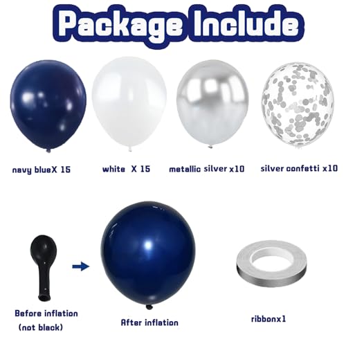 Image of Zesliwy Navy Blue Silver Balloons Kit,50pcs 12inch Royal Dark Blue Metallic Silver White Balloon with Confetti Latex Balloon for Wedding Graduation 2026 Birthday Anniversary Party Decorations