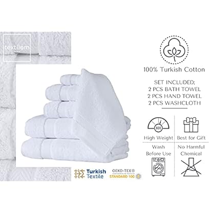 TEXTILOM Luxuriöses Handtuch-Set aus 100% türkischer Baumwolle, für Bad und Küche, dick, super weich, sehr saugfähig, schnell trocknend (2 Badetücher, 2 Handtücher, 2 Waschlappen), Weiß, 6-teilig – Bild 3