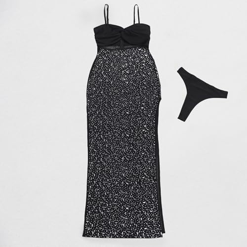 Image of Jigfar Women Sexy Elegant Rhinestone Mesh See Through Party Club Night Split Bodycon Formal Maxi Dress