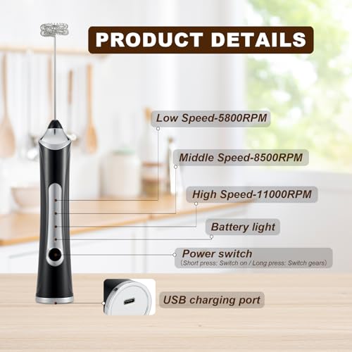 Image of Handheld Electric Milk Frother with 3 Heads, Coffee Whisk Foam Mixer with USB Rechargeable 3 Speeds, Foam Maker Blender for Latte, Cappuccino, Hot Chocolate, Egg (Type 6)