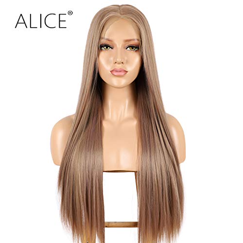 ALICE 13x6 Lace Front Brown Wig, 22" Long Deep Part Silky Straight Synthetic Flaxen Brown Wig for Women, Pre Plucked with Natural Hairline and Baby Hair