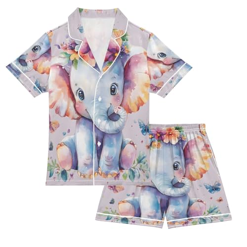 Cartoon Elephant Butterfly Flower Pajamas Set Summer Button Down Sleepwear Pjs Sets Comfy Loungewear
