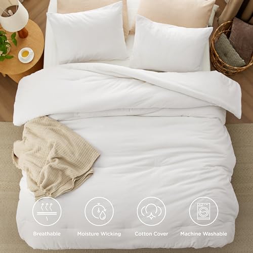 Image of Bedsure Comforter Set Queen Size - Cotton Fabric with Microfiber Inner Fill, White PureWoven Soft Bed Set for All Seasons, 3 Pieces, 1 Comforter (90 inch x 90 inch) and 2 Pillow Cases (20 inch x 26 inch)