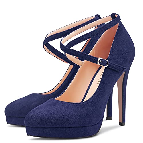 Aachcol Women Pumps Platform Round Toe Ankle Strap Stiletto High Heel Dress Shoes Sandals Wedding Suede 5 Inch4