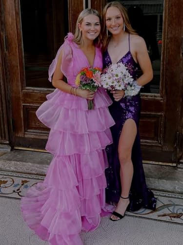 TORYEMY Tiered Tulle Prom Dress Long Ball Gown Deep V Neck Formal Evening Dresses with Slit Ruched for Women4