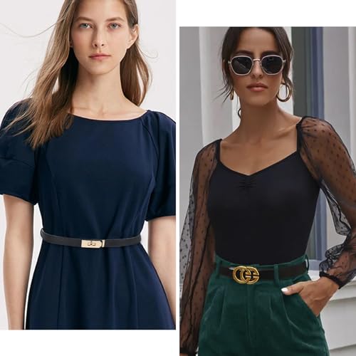 Image of Women's Fashion Classic Metal Buckle Leather Belt with Jeans Dress