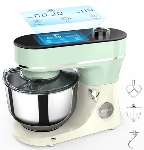 Bonnor Stand Mixer 6QT Kitchen Mixer with LED Smart Touchscreen, 11-Speed Tilt-Head Mixer with Timer, 4 Preset Menus, Stainless Steel Bowl, Dough Hook, Whisk, Beater,Green