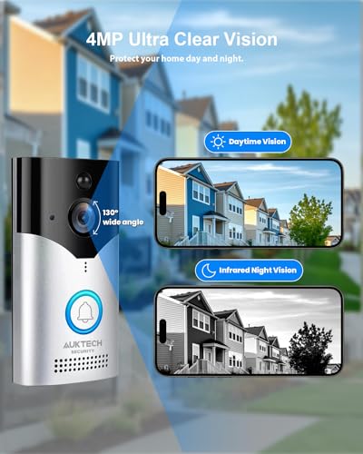 AUKTECH Türklingel mit Kamera, 4MP Video Türklingel Kabellos Akku mit Chime, 2.5K FHD Nachtsicht, PIR Bewegungssensor, Zwei-Wege-Audio, 2,4-GHz-WLAN – Sicherheit für Deine Haustür