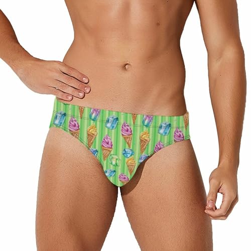 Ice Cream Green Stripes Printed Swim Briefs for Men Sexy Bikini Swimwear Elastic Beach Trunks Bathing Suit
