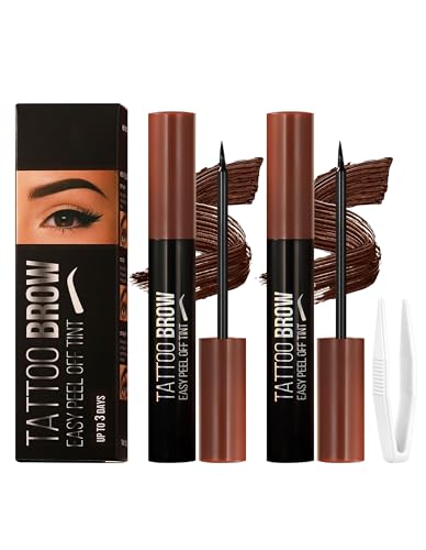 Erinde Tinte de Cejas Peel Off 2 Piezas, Gel de Cejas de Larga Duración, con Pinzas, Efecto Natural, Sin Dañar el Vello ni Irritar, Hasta 3 Días #02 Marrón