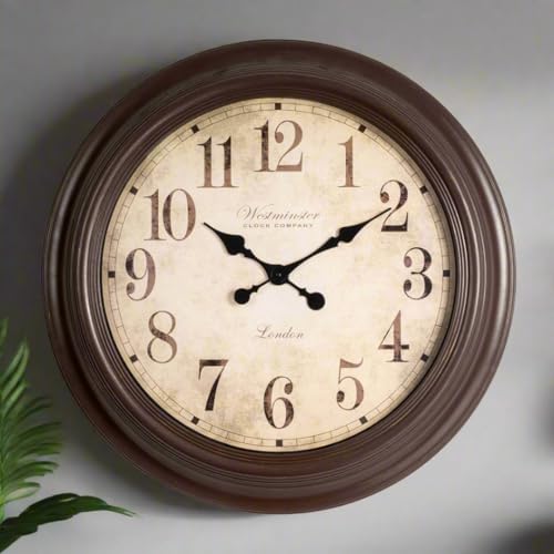 Image of Large Wall Clock - 30 Inch | Vintage Round Polyfiber Designer Clock with Brown Frame Big Clocks for Living Room, Bedroom & Home Decor (polyfibclk-numbaricbigwest-BRN)