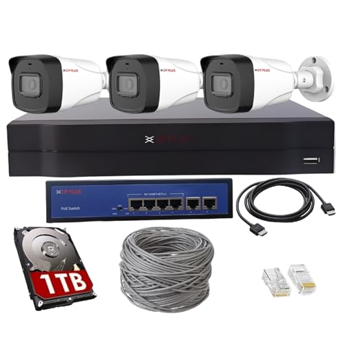 Image of CP PLUS 4 Channel Full HD NVR with 3X 2 MP Built-in Audio Mic Outdoor Wired IP CCTV Cameras, Motion Detection, 4 Port PoE, 1TB HDD, 100 Meter CAT6 Cable, RJ45 Connector - White