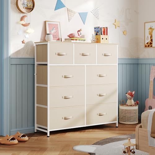 Image of WLIVE 9 Drawer Dresser, Fabric Storage Tower for Bedroom, Hallway, Closet, Tall Chest Organizer Unit for Bedroom with Fabric Bins, Steel Frame, Wood Top, Easy Pull Handle, Cream White