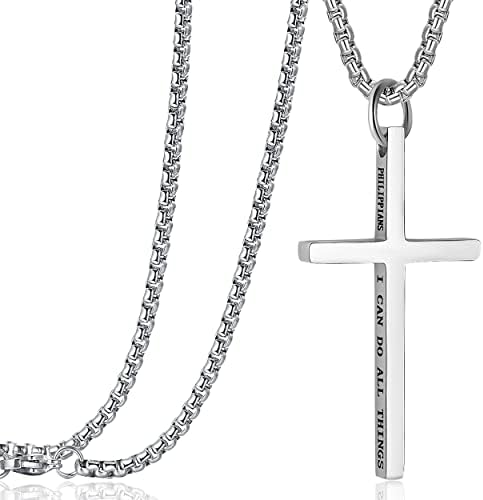 Rehoboth Cross Pendant Necklaces for Men Women Philippians 4:13 Bible Verse I Can Do All Things Stainless Steel Chain 16/20/24/28 Inchs Black Silver Gold
