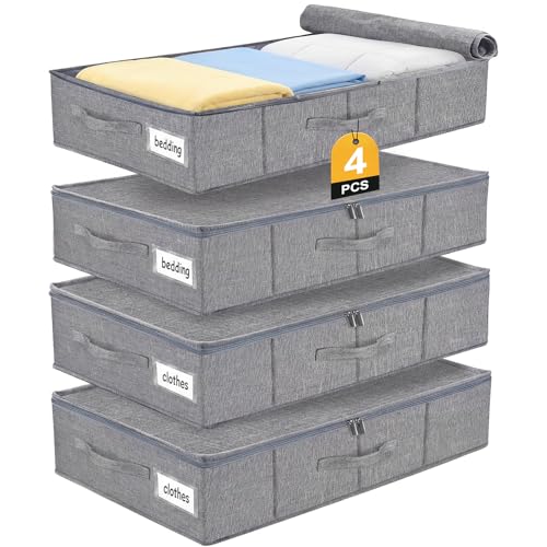 Set de 4 Caisses de Rangement sous Lit de 17cm de Hauteur – Commode sous Lit avec Couverture en Lin, 3 Poignées+Fermeture Éclair Double,Rangement sous Lit...