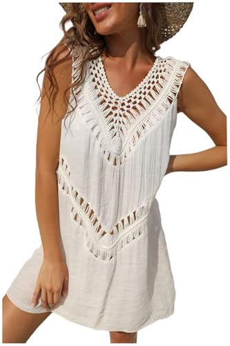 Jinsa Vestidos Mujer Ropa Verano Pareos Camisola Bikini Cover Up Kaftan Sexy Mono de Playa Tejidos Crochet Baño Fiesta Casual Elegantes Suelto Suave Cómodo Playeros Cortos Vestidos Mujer Blanco