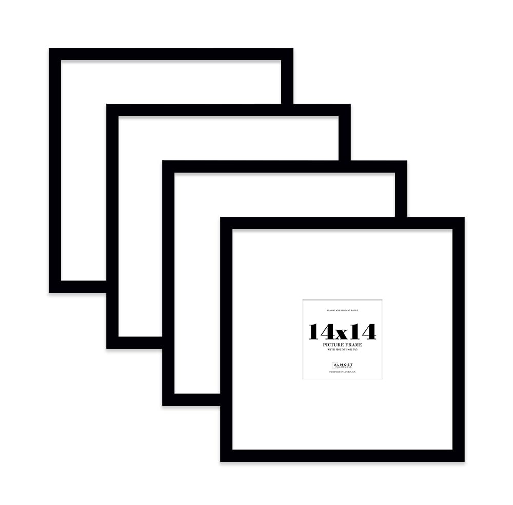 14x14 Black Picture Frame with Large Mount for 5x5 Photos, Prints - Modern Square Wall Frame, Set of 4