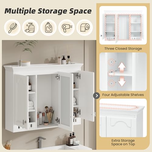 Armario de almacenamiento para baño Merax de 36" x 28", montado en pared, con espejo | Armario de medicamentos de estilo country para baño con puertas de cierre suave, estantes ajustables y armario sobre inodoro miniatura 4