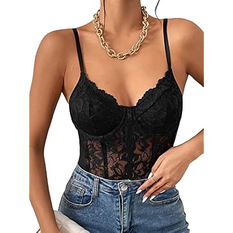 Milumia Women's Sexy Floral Lace Sheer Mesh Corset Bodysuit Spaghetti Strap Cami Tops Going Out Cover