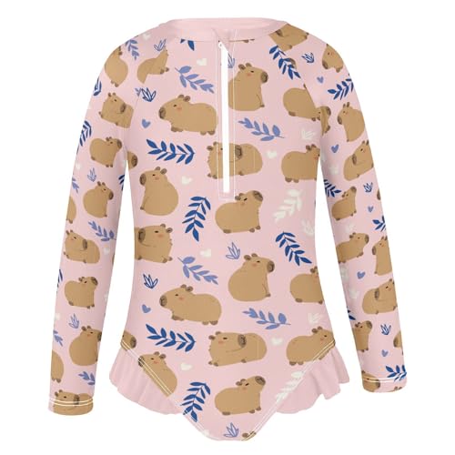 Cute Capybara with Leaves Girls Long Sleeve Swimsuits One Piece Zipper Bathing Suit UPF 50+ Rashguard Swimwear2
