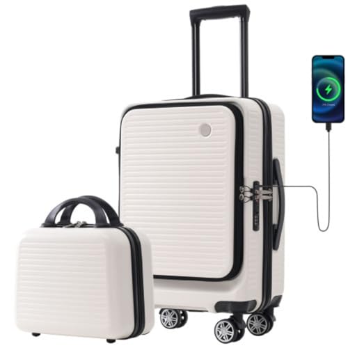 2-piece Stylish White Luggage Set with Universal Wheels and USB Charging Port, 1 Portable Suitcase, Lightweight and Durable, Suitable for All Kinds of Travel Needs