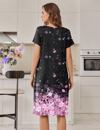 Image of Ekouaer Nightgowns for Women with Pockets Button Front Short Sleeve House Dresses Floral Print Mumu Dress