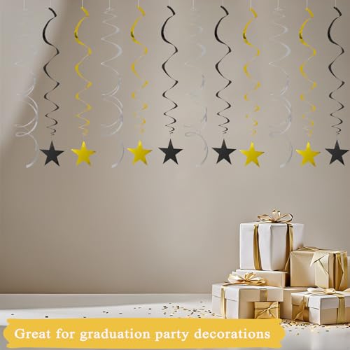 Image of 40Pcs Hanging Stars Swirls Party Decorations Plastic Star Spirals Streamers Foil Ceiling Decor for Birthday All Kinds of Parties Classroom Home (Gold, Black, Silver)