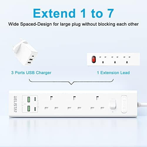 Surge Protected Extension Lead with USB Slots 13A Power Strips with 3 Way Outlets 4 USB(3.1A, 2 Type C and 2 USB Ports) Child Safety Plug Extension Socket with 2 M Extension Cords for Home Office