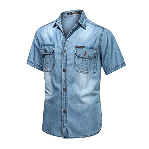 Herren Jeanshemd Casual Retro Kurzarm Hemd Regular Fit Denim Shirt Freizeithemd Geknöpftes Hemd mit Brusttasche B
