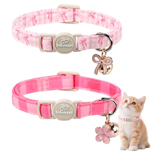Babole Pet 2 Pack Pink Cat Collars - Spring Summer Breakaway Cat Collar with Bell Bow and Flower Pendant Adjustable Kitten Collars for Girl Cats Cute Pink Plaid &Bow