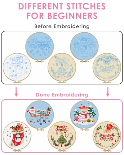 Image of TINDTOP Christmas Embroidery Kit for Adult, 5 Pack Embroidery DIY Starter Kit, with Stamped Patterns, Hoop, Tools, Colorful Threads with Needles, Instructions | 5 Pack with Stamped Patterns, Hoop, Tools, Colorful Threads with Needles, Instructions