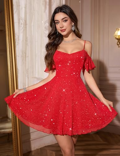 Image of Meetjen Women's Short Cocktail Dresses for Teens Formal Homecoming Sparkly Off Shoulder Tulle Sequin Prom Party Dress