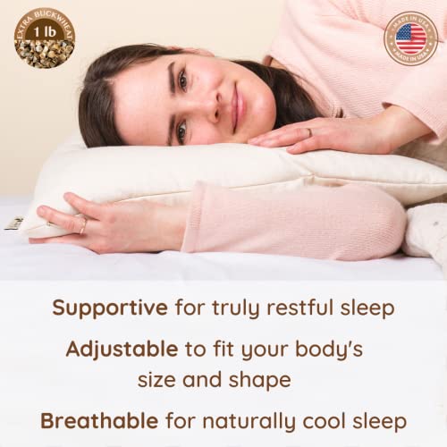 Comfycomfy Organic Luxury Buckwheat Pillow, Traditional/Japanese Size (14” X 21”), Comes With Extra Usa Grown Buckwheat Hulls To Customize For Comfort #TOP2