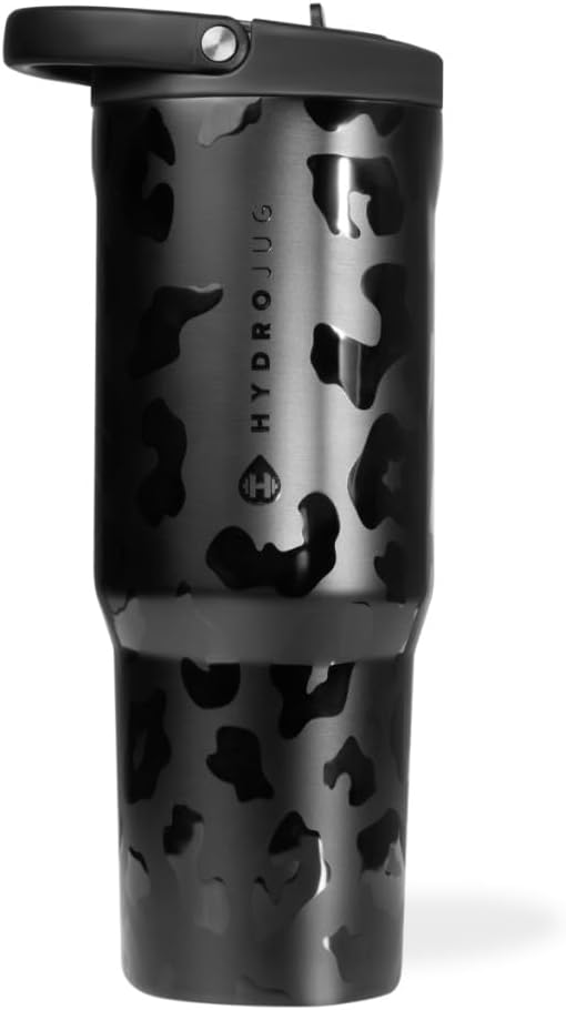 HydroJug Sport - Stainless Steel Tumbler with Straw, Vacuum Insulated, 32oz Leakproof Water Bottle, Ergonomic Design, Reusable, Dishwasher Safe, Rubber Base, Durable for Gym or Outdoors, Black Leopard 32oz Black Leopard