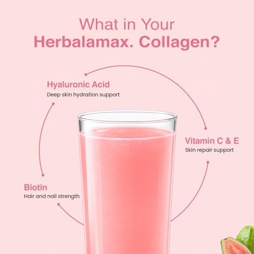 Image of Herbalmax Hydrolyzed Marine Collagen Supplements 120g With Hyaluronic Acid, Vitamin C & E, Biotin | Supports Healthy Skin, Hair, Nails, Bones & Joints | Type I & III Collagen Guava Flavour Pack of 2