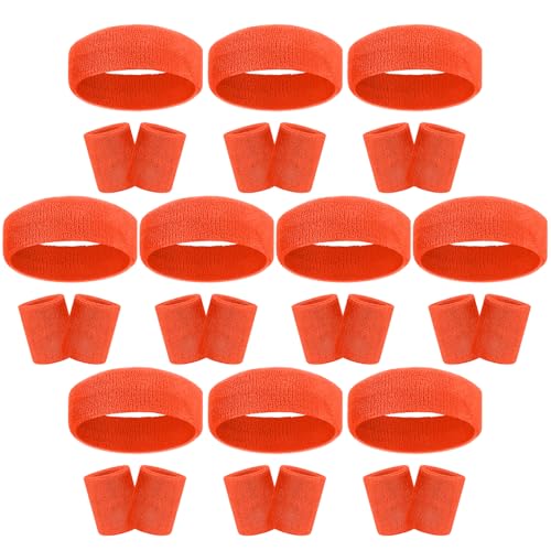 Image of 30 Pcs Sweatbands Wristbands Set Absorbent Terry Cloth Headbands Wristbands Neon Color Striped 80s Athletic Sweatbands for Sports Gym Exercise