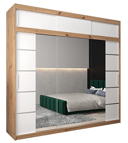 ABIKSMEBLE Verona 4 250 Armario 2 Puertas Correderas para Dormitorio - Armario Moderno con Espejo, Barra y Estantes - 250x240x62 cm (Ancho x Alto x Fondo) - Artisan + Bianco Mate con Extensión