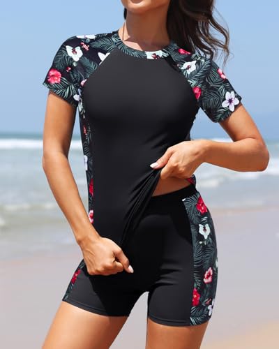 Daci Women's 2 Piece Rash Guard UPF 50+ Short Sleeve Swim Shirt with Shorts Swimsuit with Pockets and Built-in Bra3