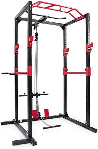 Power Cage 1000-Pound Capacity Exercise Stand Olympic Squat Cage Power Rack with LAT Pull-Down Attachment, Multi-Grip Pull-up Bar and Dip Handle for Men Women Strength Training Home Gym Equipment