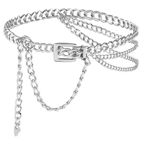 Silver Belt for Women, Metal Waist Chain Multilayer Adjustable Chain Belts Girls Stylish Waist Chain for Dresses, Jeans, Skirts, Trousers