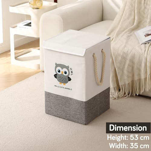 Image of HOKIPO Cardboard Foldable Laundry Basket for Clothes with Lid, Grey - Owl (AR-5317-GRY), 53cm, 35cm