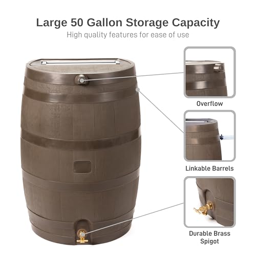 Image of RTS Home Accents 50-Gallon Rain Barrel with Link Kit, Flat Back Rain Water Collection Barrel, Link Kit Included, Walnut Color (2 Pack)