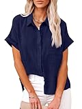 Womens Casual Cotton Linen Button Down Short Sleeve Shirts Solid Summer Beach Blouses Tops with Pocket Navy Blue