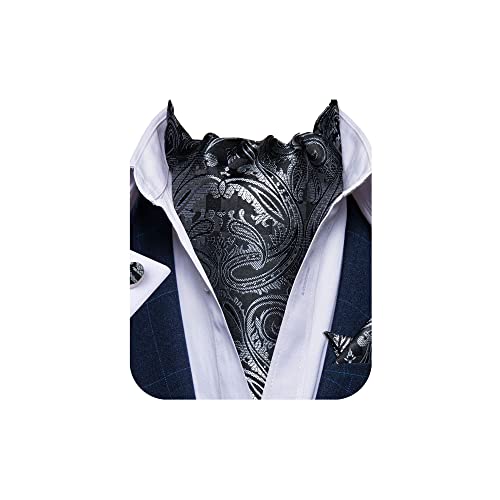 DiBanGu 100% Silk Ascot Ties for Men Paisley Cravat for Men Wedding Jacquard Woven Mens Cravat Tie and Pocket Square Set, Black & Grey 02, One size